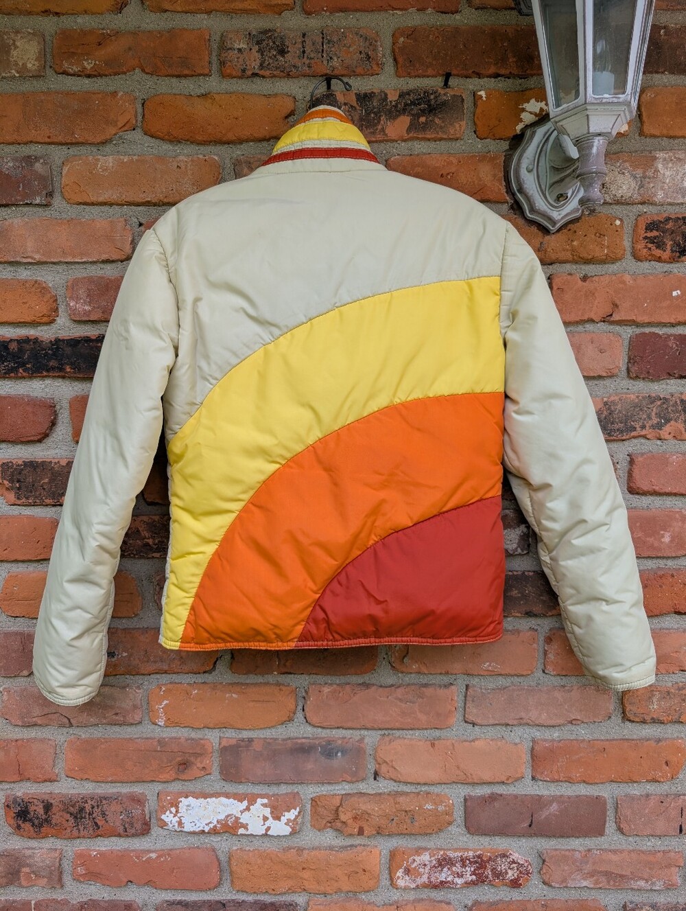 Vintage 70s Comfy Goose Down Jacket Small Made in USA Colorblock Puffer Rainbow